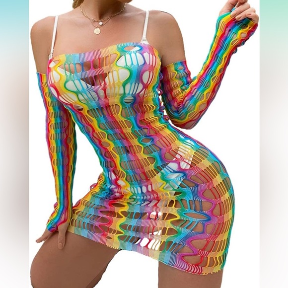 ❤️SOLD❤️ Rainbow Mesh Fishnet Dress Rave Festival Outfit Swim Cover - Picture 4 of 9